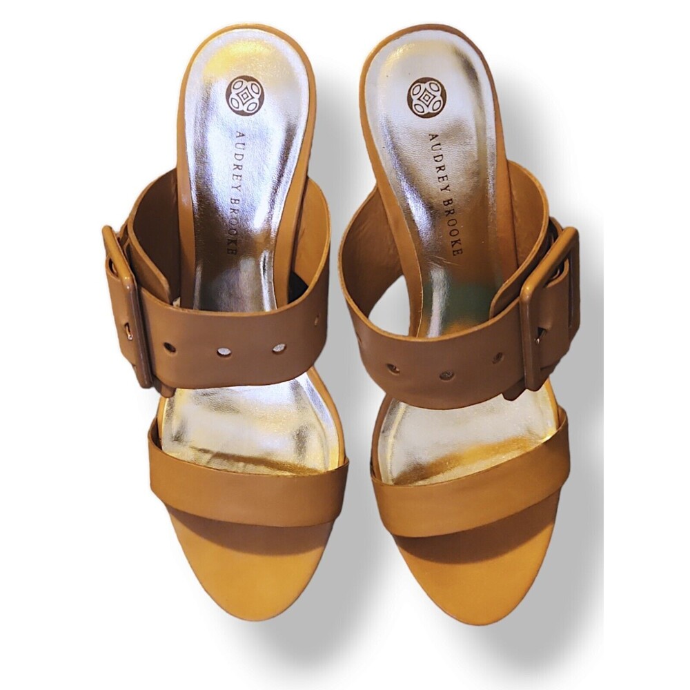 Audrey Brooke Size 9M Marta Beige Tan Wedge Slide Sandal Leather Buckle NWB